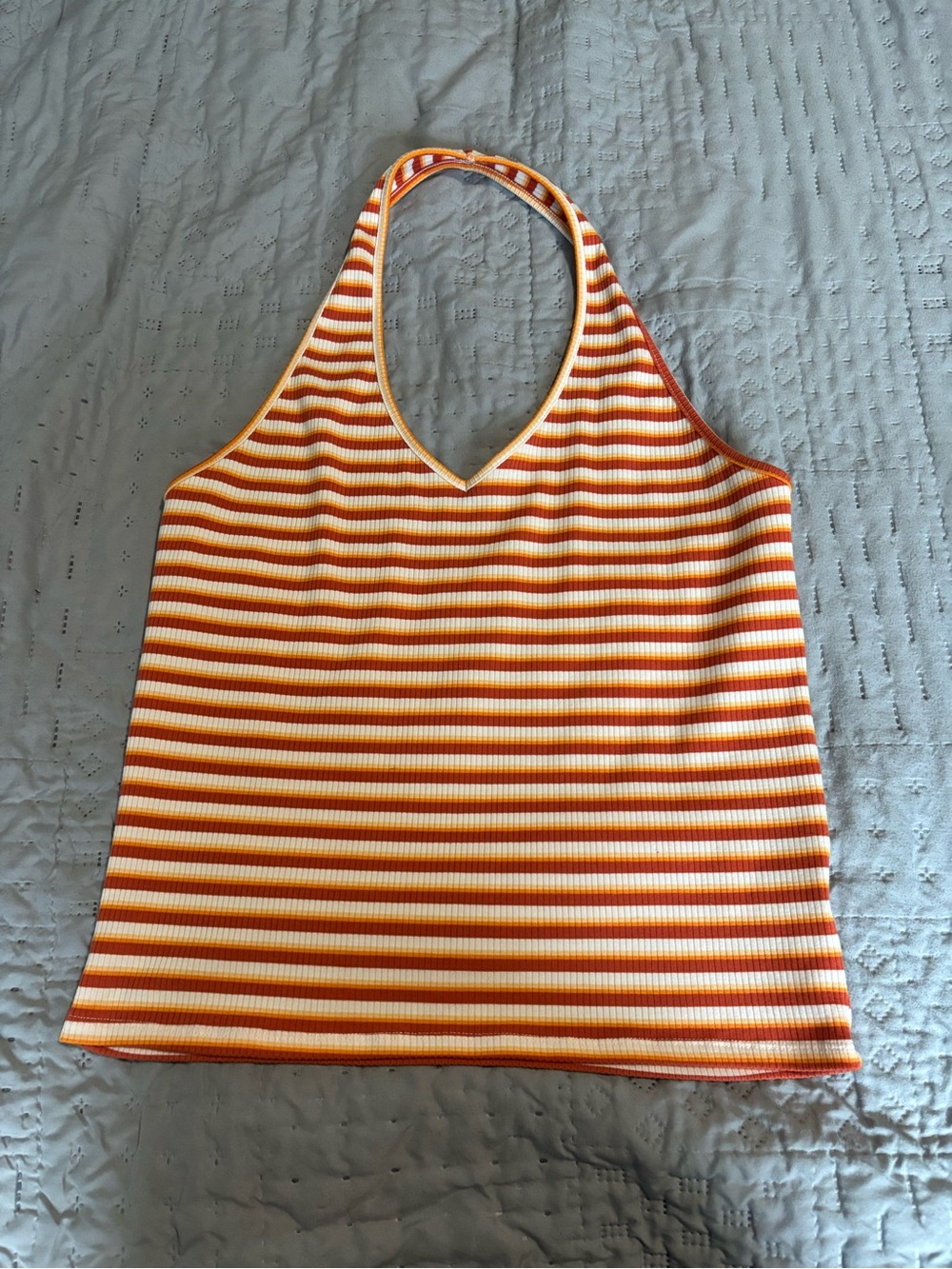 American Eagle Outfitters Ribbed Striped Halter Tank - Orange, Yellow & Cream